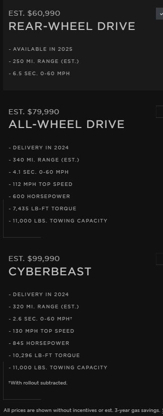 Cybercab Robotaxi Tesla Cyber Truck web Site prices, options, models wow actual prices.JPG