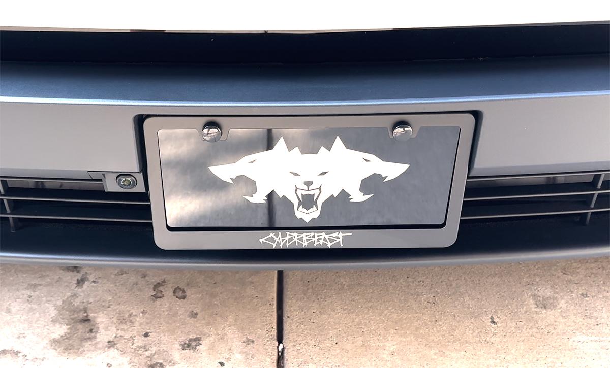 Cybercab Robotaxi ? CYBERBEAST Cerberus Vanity License Plate club-vanity-cyberbeast-and-frame-front