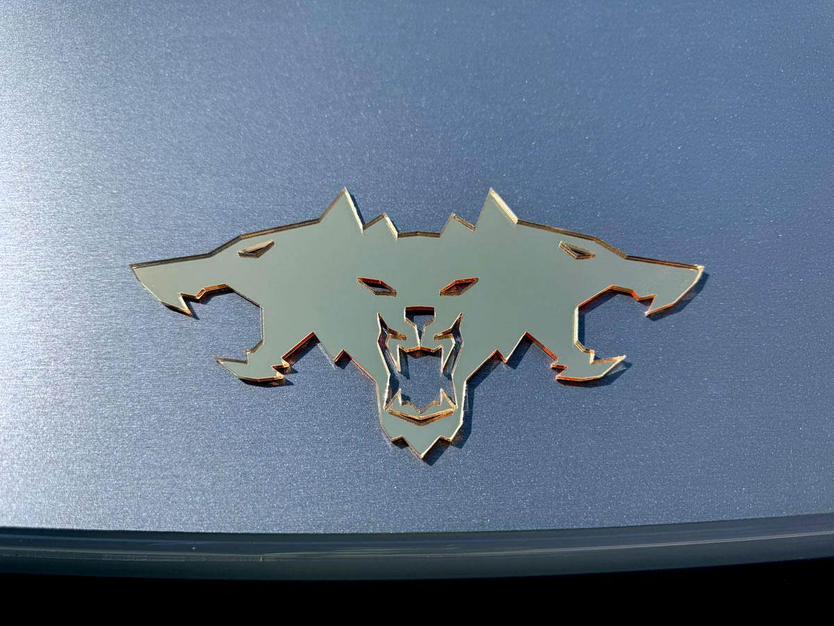 Cybercab Robotaxi ? Metallic Silver Cyberbeast 3D Laser-Cut Emblems emblem-gold-hood-close