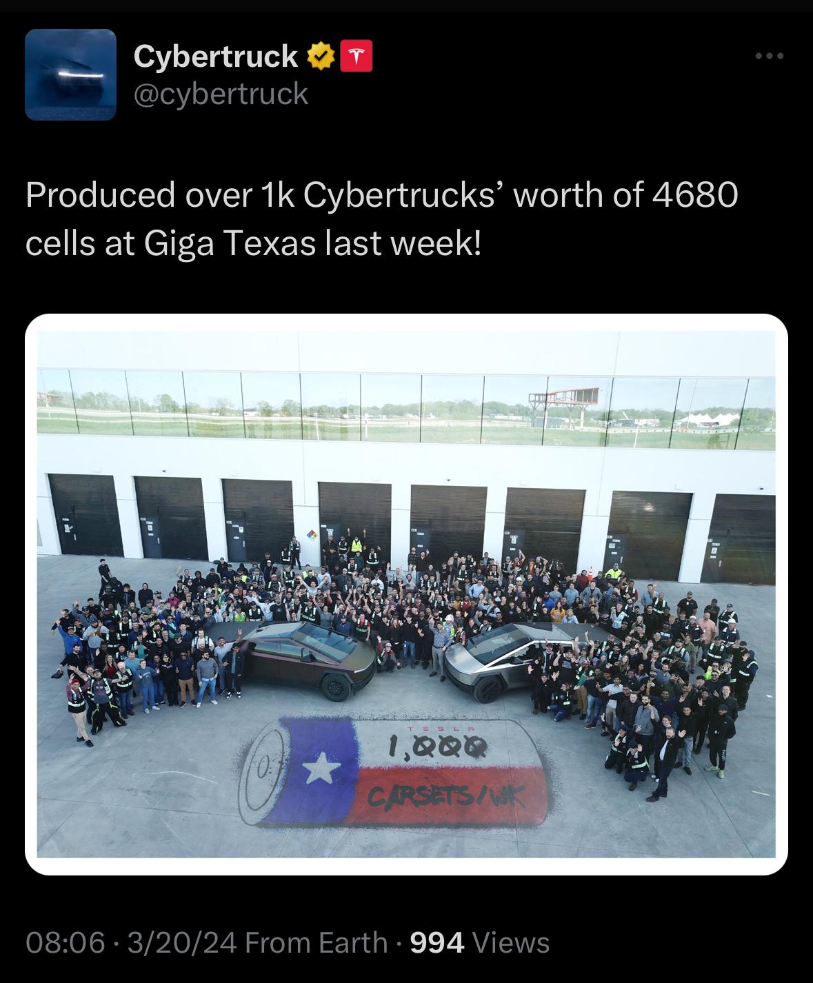 Cybercab Robotaxi Over 1K Cybertrucks worth of 4680 battery cells were produced at Giga Texas last week! IMG_1348