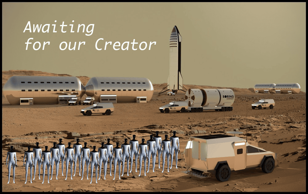 Cybercab Robotaxi Tesla Optimus Bot first Colony on Mars Mars base bot waiting for creator