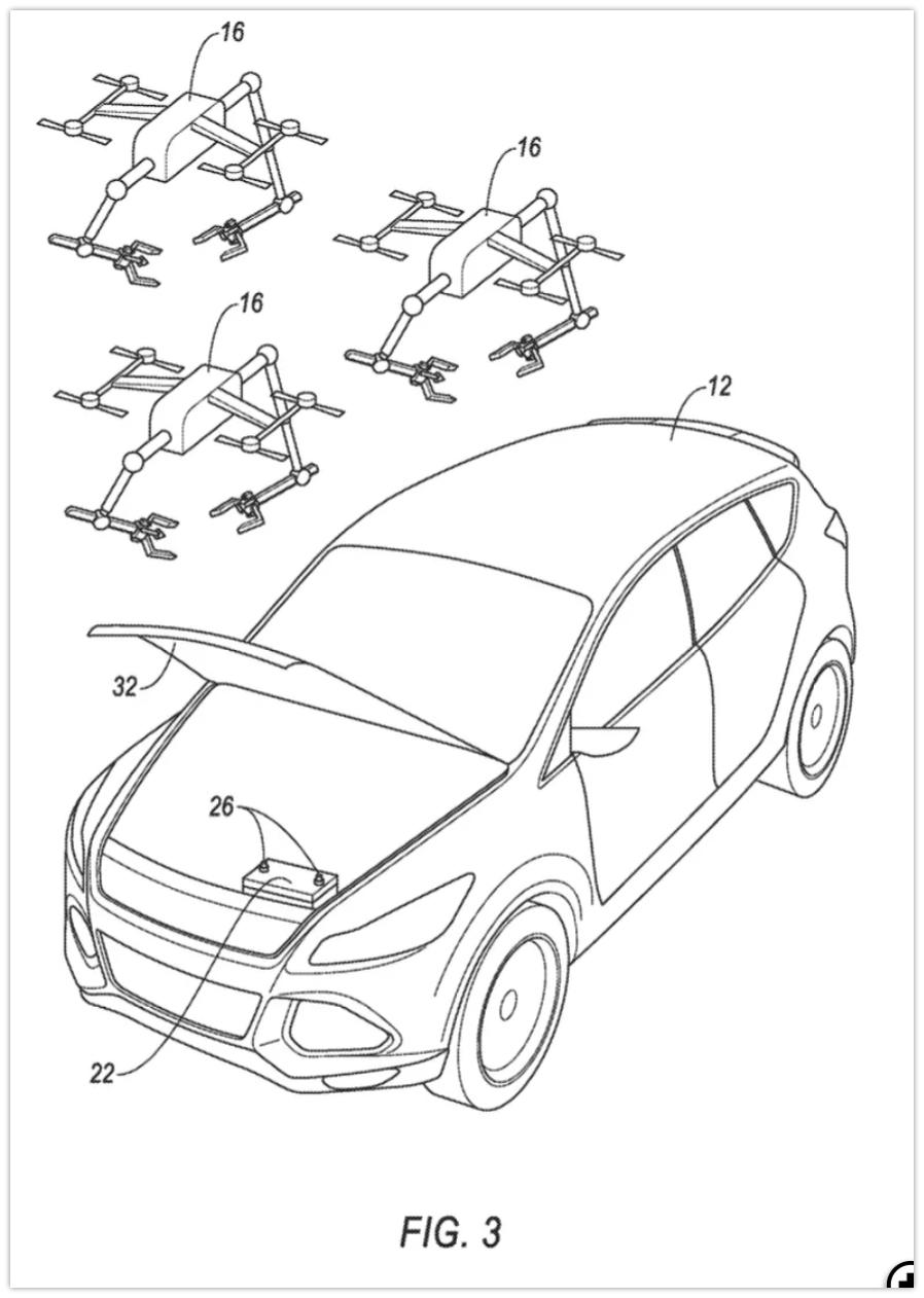 Cybercab Robotaxi Ford files patent for drones to jump start vehicles with dead batteries Multiple Drones Could Jump Start Ford Vehicles In The Future 2023-04-06 14-39-10