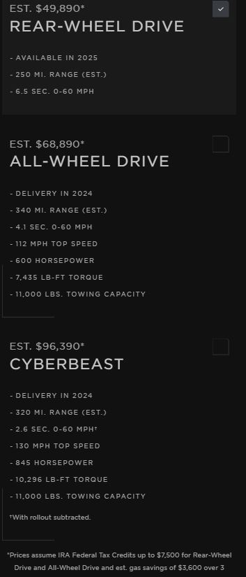 Cybercab Robotaxi Tesla Cyber Truck web Site prices, options, models wow prices.JPG