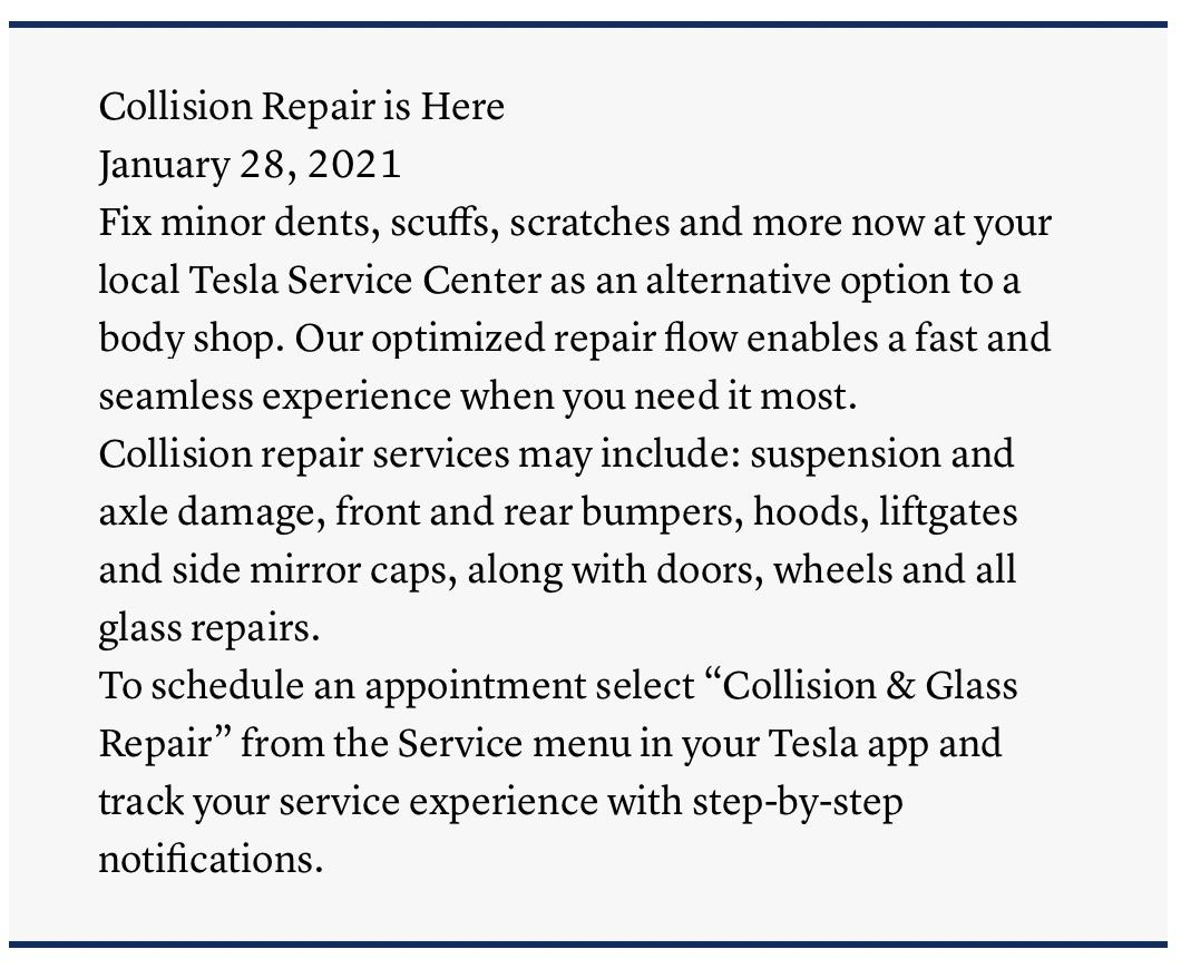 Cybercab Robotaxi Tesla now offering collision repairs in service centers Screen Shot 2021-02-01 at 7.24.18 AM