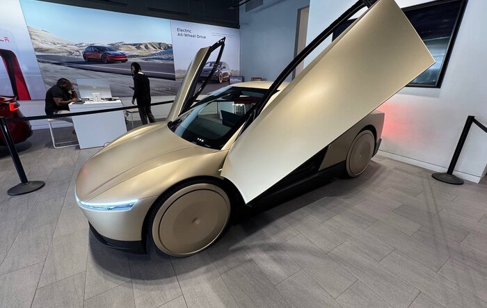 Cybercab Robotaxi displayed at Plano, Texas Tesla Showroom